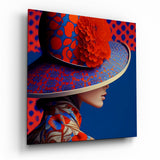 Red Bloom Wide Brim Hat Woman Glass Wall Art - 40x40 cm