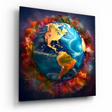 Earth Globe in Color Powder Clouds Glass Wall Art - 40x40 cm