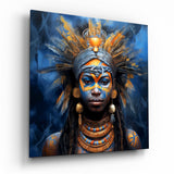 Regina tribale con corona di piume blu e oro quadro in vetro - 40x40 cm