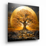 Albero della vita dorato in fiore con disco solare quadro in vetro - 40x40 cm