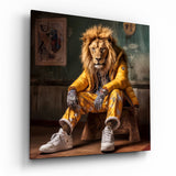 Lion In Yellow Puffer Jacket Sneakers Glass Wall Art - 40x40 cm