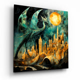 Petrolfarbener Drache über goldener Stadt und Mond Glasbild - 40x40 cm