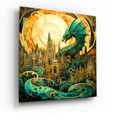 Green Dragon Coiled Over Spired City Glass Wall Art - 40x40 cm