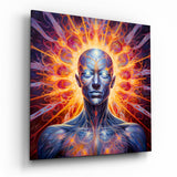 Blaue Meditationsfigur mit feuriger Energieaura Glasbild - 40x40 cm