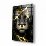 Lion électrique à l'éclair doré tableau en verre - 72x46 cm