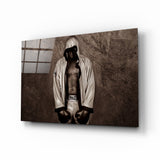 Hooded Boxer In White Robe Glass Wall Art - 72x46 cm