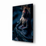 Moody Blue Deity Statue Glass Wall Art - 72x46 cm