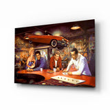 Rotes Cabrio und Retro-Diner-Ikonen Glasbild - 72x46 cm