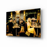 Mitternachts-Diner-Szene im gelben Kleid Glasbild - 72x46 cm