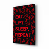 Rote Fitness-Icons „Eat Lift Sleep Repeat“ Glasbild - 72x46 cm
