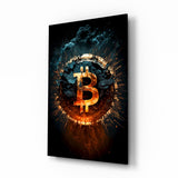 Explosion ardente d'un Bitcoin fissuré tableau en verre - 72x46 cm