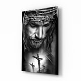 Black and White Crown of Thorns Jesus Glass Wall Art - 72x46 cm