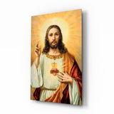 Jesús del Sagrado Corazón con halo, vintage cuadro de cristal - 72x46 cm