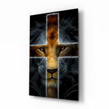 Glowing Cross Faith Lion Glass Wall Art - 72x46 cm