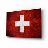 Drapeau suisse à croix, rouge foncé patiné tableau en verre - 72x46 cm