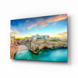 Cliff Village Coastal Glass Wall Art - 72x46 cm