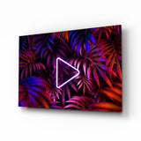 Neon-Play-Symbol mit Palmen Glasbild - 72x46 cm