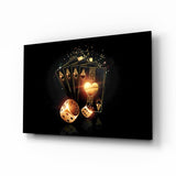 Leuchtendes Herz-Ass und goldene Würfel Glasbild - 72x46 cm