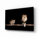 Leone e leonessa a riposo su un tronco quadro in vetro - 72x46 cm
