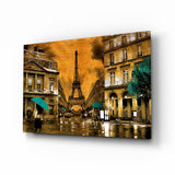 Petrolfarbene Schirme im goldenen Paris Glasbild - 72x46 cm