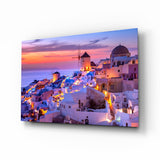 Molino de Santorini en atardecer morado cuadro de cristal - 72x46 cm