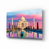 Il Taj Mahal sotto un cielo rosa e blu pastello quadro in vetro - 72x46 cm