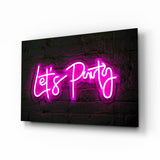 Rosa Neon-„Lets Party“ auf Ziegelwand Glasbild - 72x46 cm