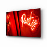 Red Neon Party Sign Glass Wall Art - 72x46 cm