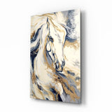 Caballo blanco sobre mármol azul marino y oro cuadro de cristal - 72x46 cm