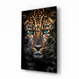 Léopard aux yeux turquoise tableau en verre - 72x46 cm