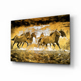 Mandria di cavalli che corre nell'acqua dorata quadro in vetro - 72x46 cm
