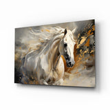 Caballo blanco con salpicaduras doradas cuadro de cristal - 72x46 cm