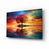 Albero della vita sul lago specchio sotto cielo arcobaleno quadro in vetro - 72x46 cm