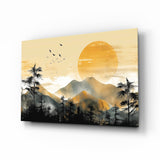 Goldene Sonnenscheibe, Kiefernwald und Vögel Glasbild - 72x46 cm
