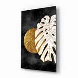 Sol dorado y hoja de monstera lateral cuadro de cristal - 72x46 cm
