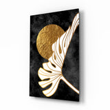 Gold Moon With Sweeping Palm Leaf Art Glass Wall Art - 72x46 cm