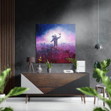 Astronaute dans un champ extraterrestre rose tableau en aluminium brossé - 40x40 cm