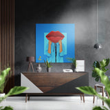 Giant Red Lips Head on Blue Brushed Aluminium Dibond Wall Art - 40x40 cm