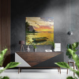 Coucher de soleil et bateau – Tableau mural en aluminium brossé Dibond - 40x40 cm
