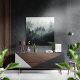 Foggy Evergreen Forest in Soft Mist Brushed Aluminium Dibond Wall Art - 40x40 cm