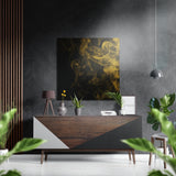 Yellow Smoke Wisps on Black Brushed Aluminium Dibond Wall Art - 40x40 cm