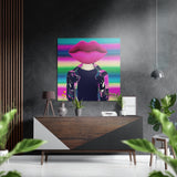 Pink Lips Head Rainbow Stripes Brushed Aluminium Dibond Wall Art - 40x40 cm