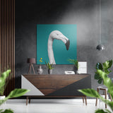 Teal Backdrop White Flamingo Portrait Brushed Aluminium Dibond Wall Art - 40x40 cm