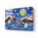 Mains de Dieu et Adam dans l'art mural en verre de style Van Gogh