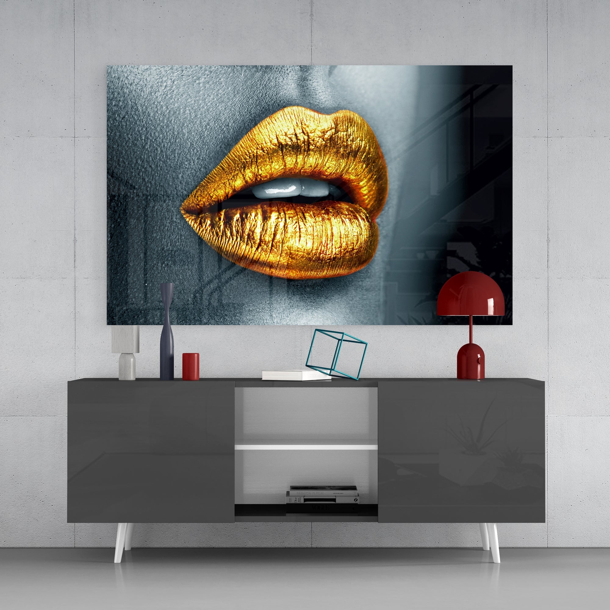 Golden Lips Glass Wall Art