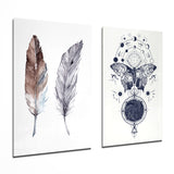 Feathers and Butterfly 2 Pieces Combine Glass Wall Art
