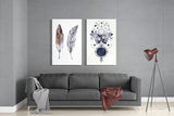 Feathers and Butterfly 2 Pieces Combine Glass Wall Art