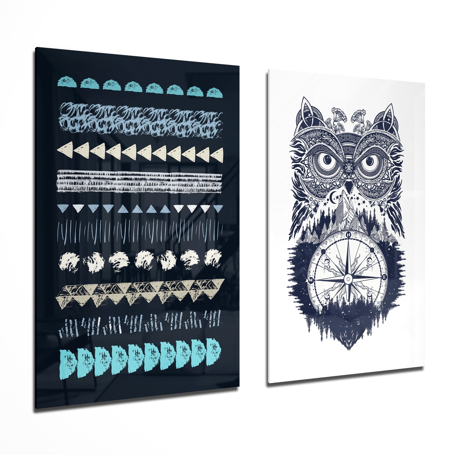 Owl and Shapes 2 Pieces Combine Glass Wall Art