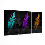 Neon Teal Purple Gold Feather Trio Glass Wall Art - 140x72 cm