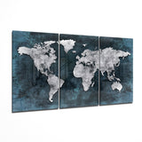 White World Map Teal Grunge Glass Wall Art - 140x72 cm